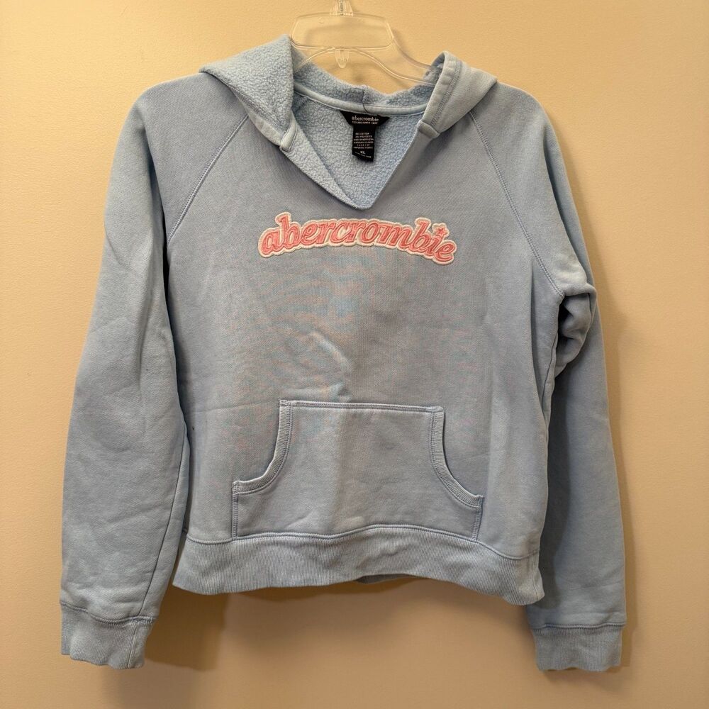 VTG Abercrombie & Fitch Y2K Baby Blue Spellout Hoodie Satin Star Hood XL